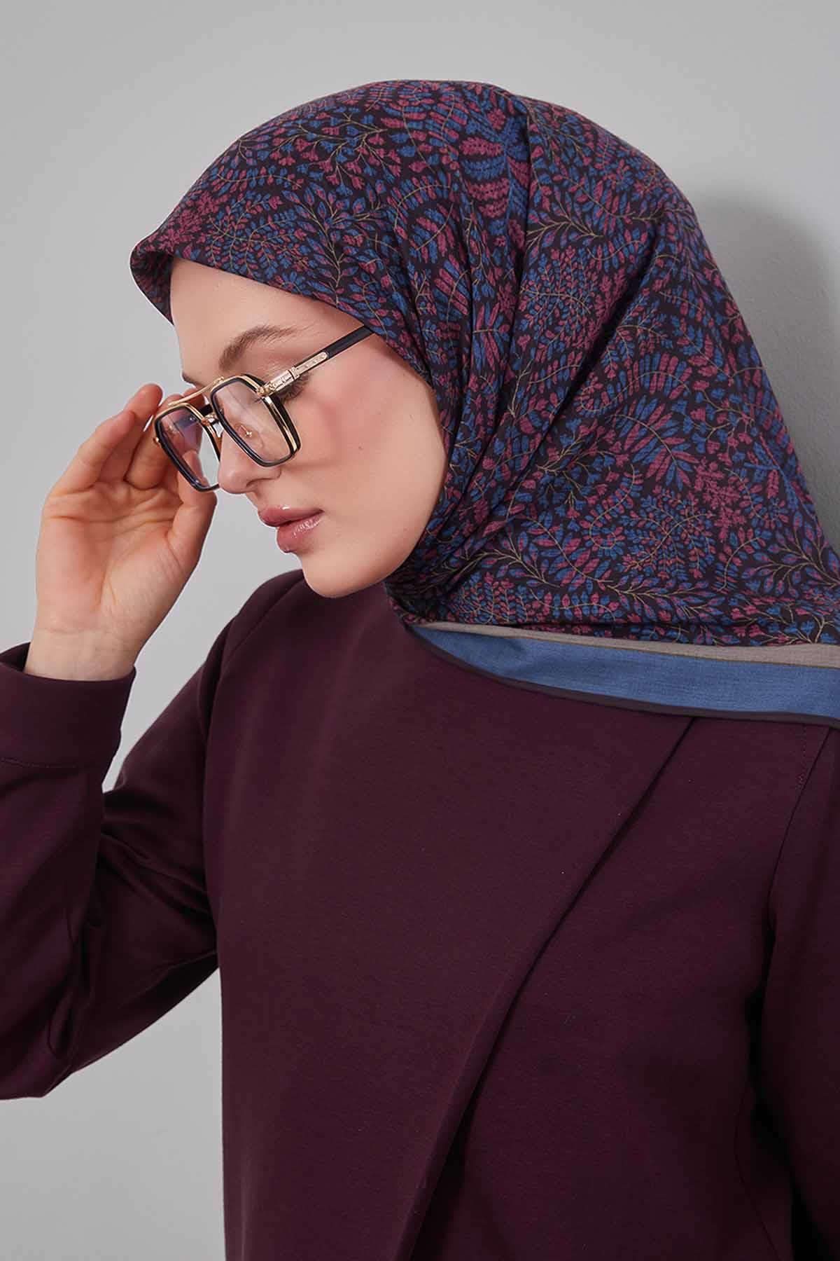 Fivescarf Petrol Mavi Mini Yaprak Desen Silk Coton Eşarp