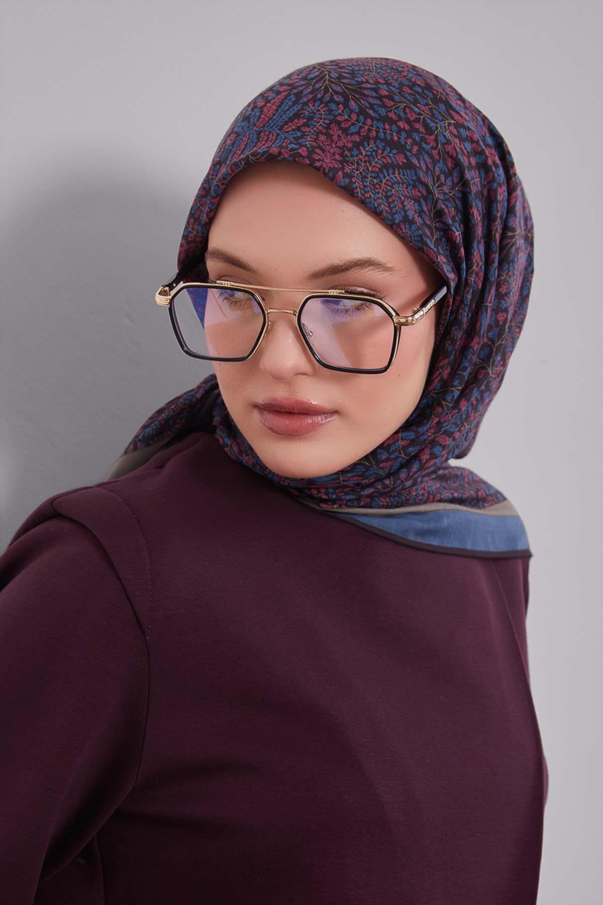 Fivescarf Petrol Mavi Mini Yaprak Desen Silk Coton Eşarp