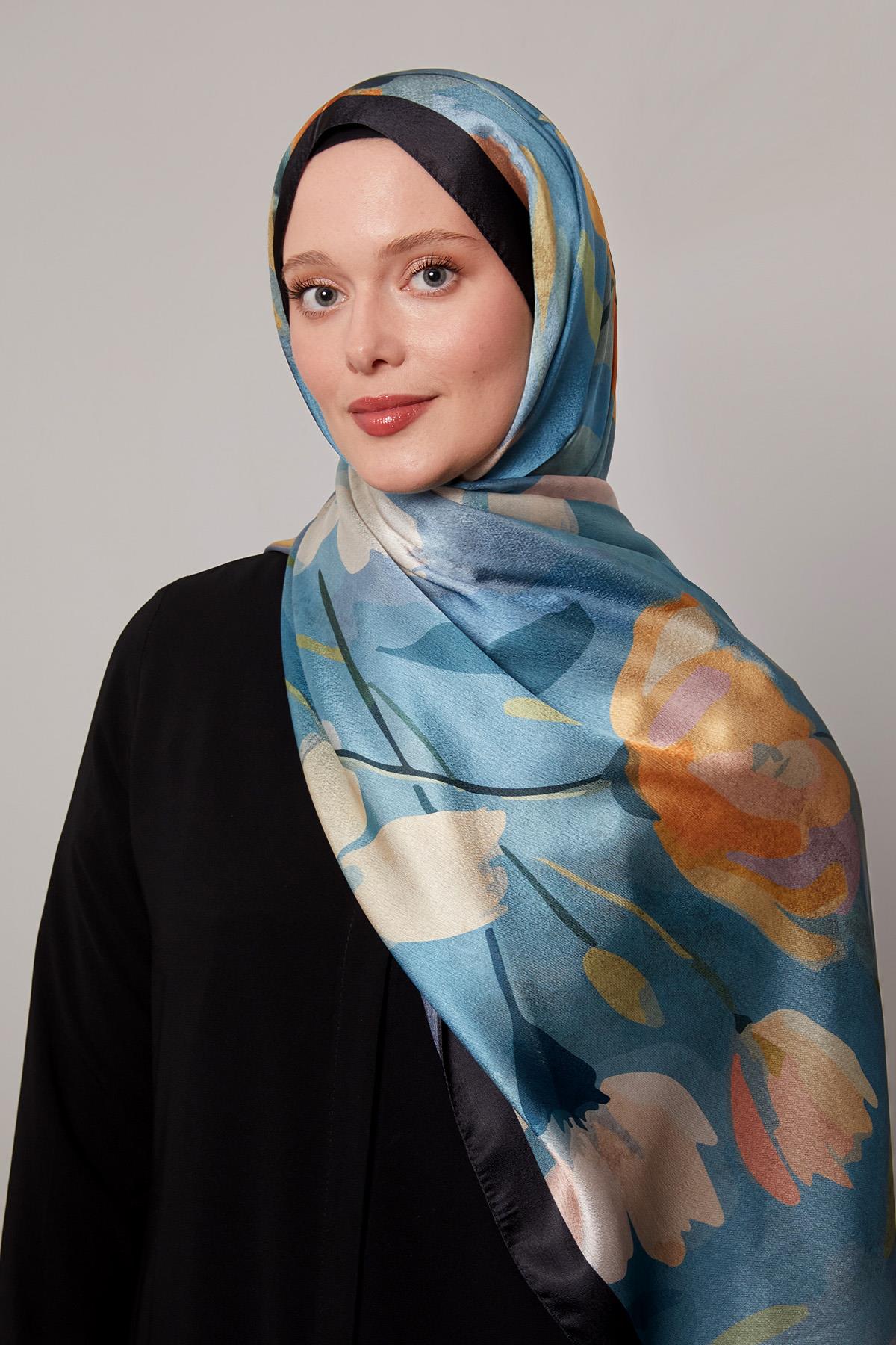 Fivescarf Petrol Mavi Somut Çiçek Desenli Vual İpek Şal