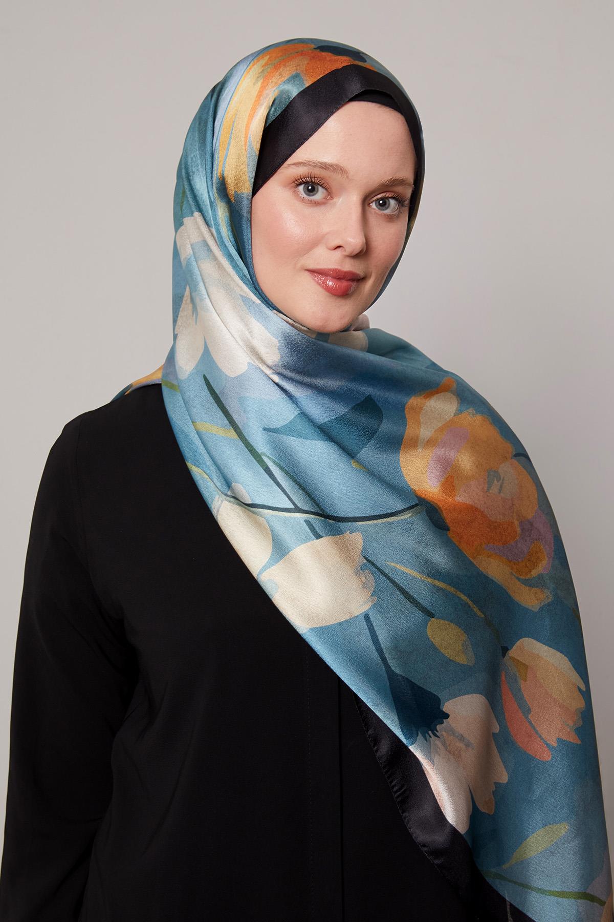 Fivescarf Petrol Mavi Somut Çiçek Desenli Vual İpek Şal