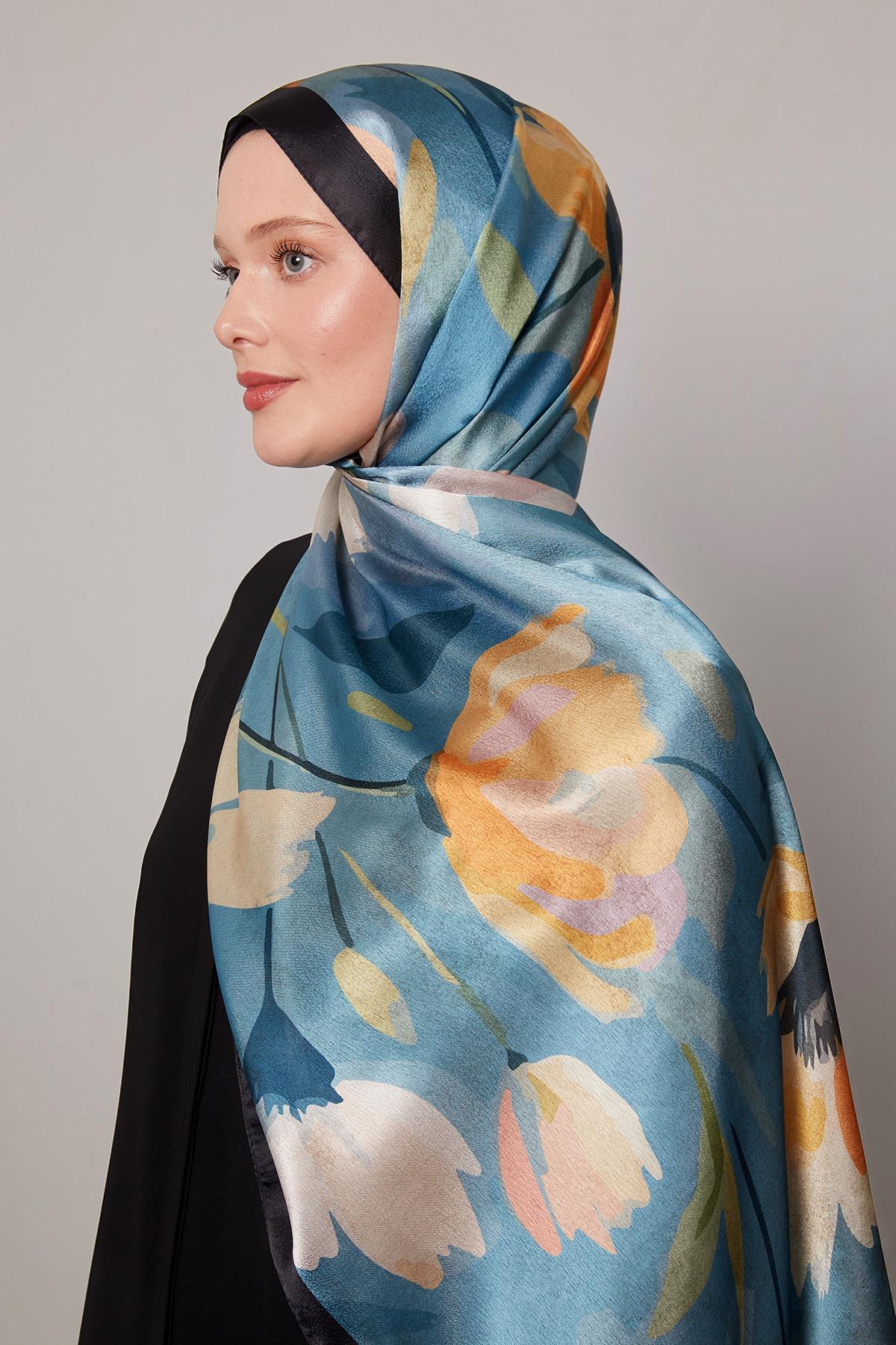 Fivescarf Petrol Mavi Somut Çiçek Desenli Vual İpek Şal