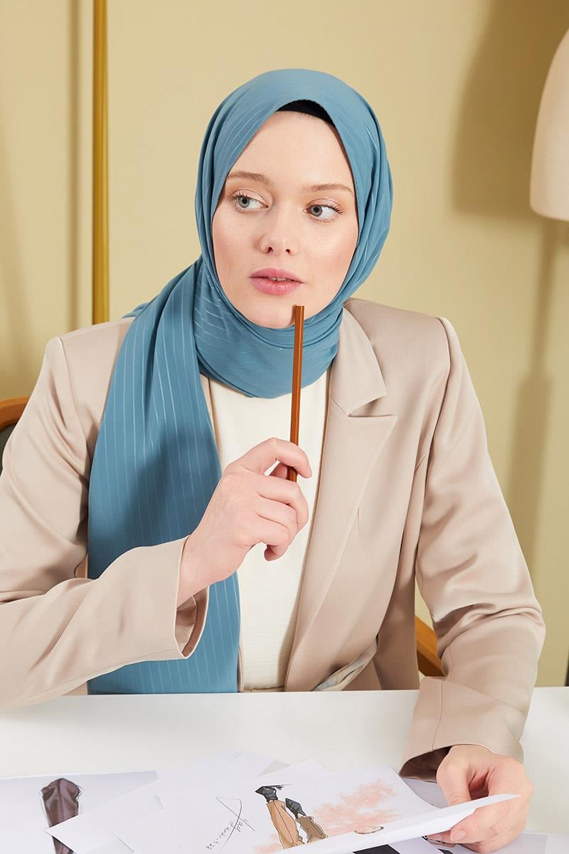 Fivescarf Petrol Mavisi Çizgili Desen Mood Medine İpeği Şal