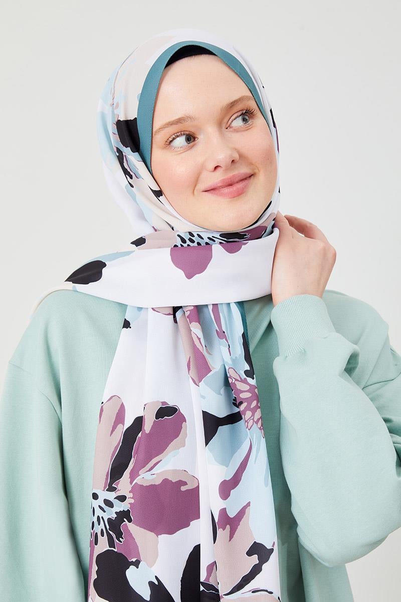 Fivescarf Petrol Yeşili Açelya Desen Violet Medine İpeği Şal