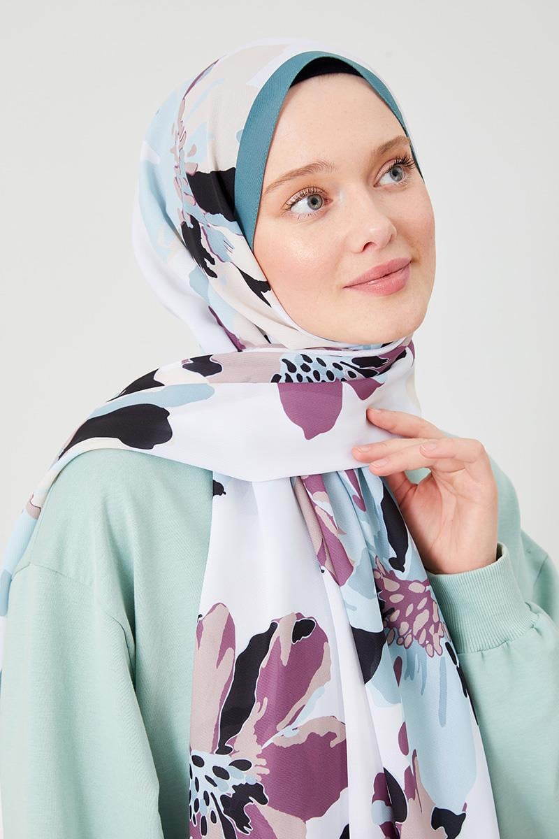 Fivescarf Petrol Yeşili Açelya Desen Violet Medine İpeği Şal