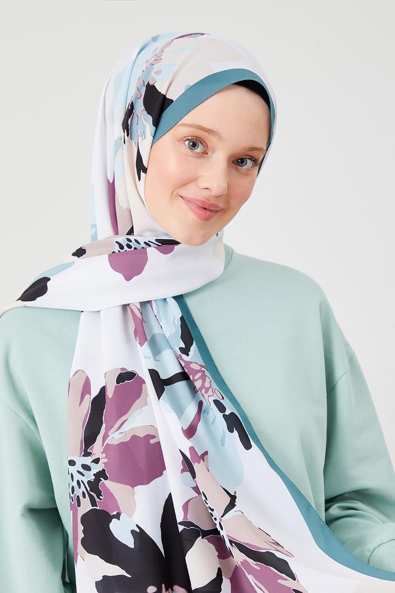 Fivescarf Petrol Yeşili Açelya Desen Violet Medine İpeği Şal