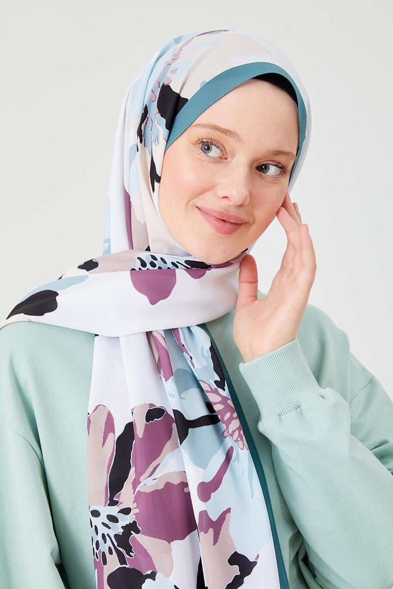 Fivescarf Petrol Yeşili Açelya Desen Violet Medine İpeği Şal