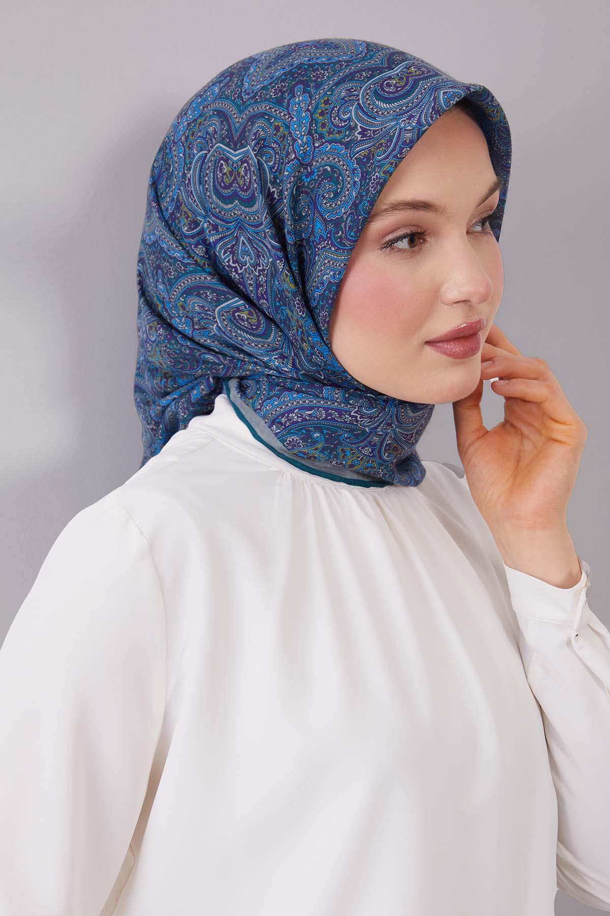 Fivescarf Petrol Yeşili Etnik Desen Silk Cotton Eşarp
