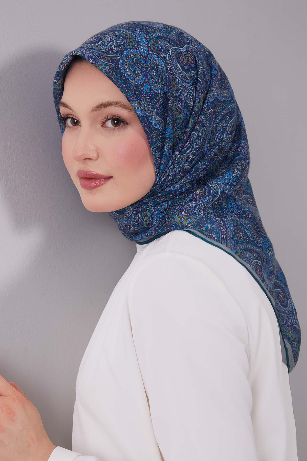 Fivescarf Petrol Yeşili Etnik Desen Silk Cotton Eşarp