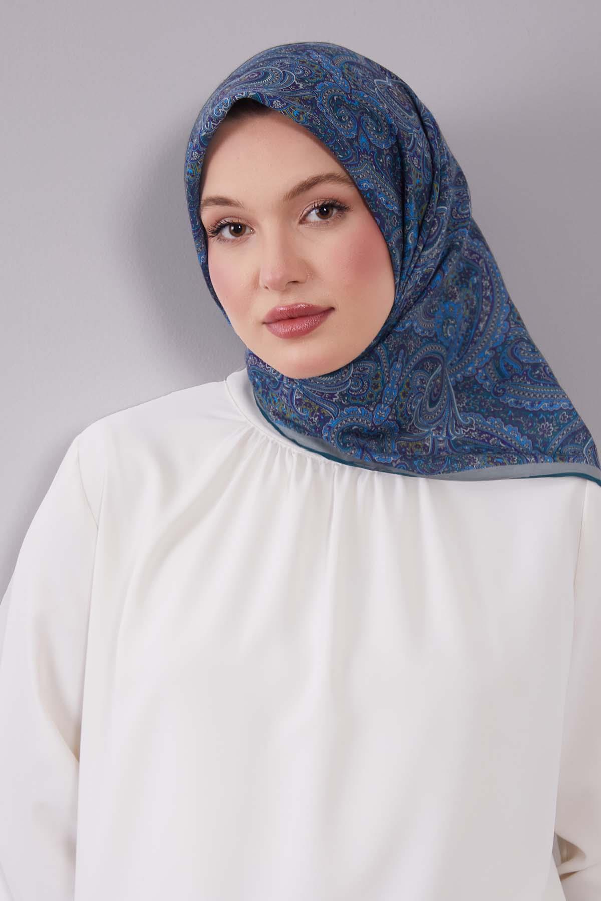 Fivescarf Petrol Yeşili Etnik Desen Silk Cotton Eşarp
