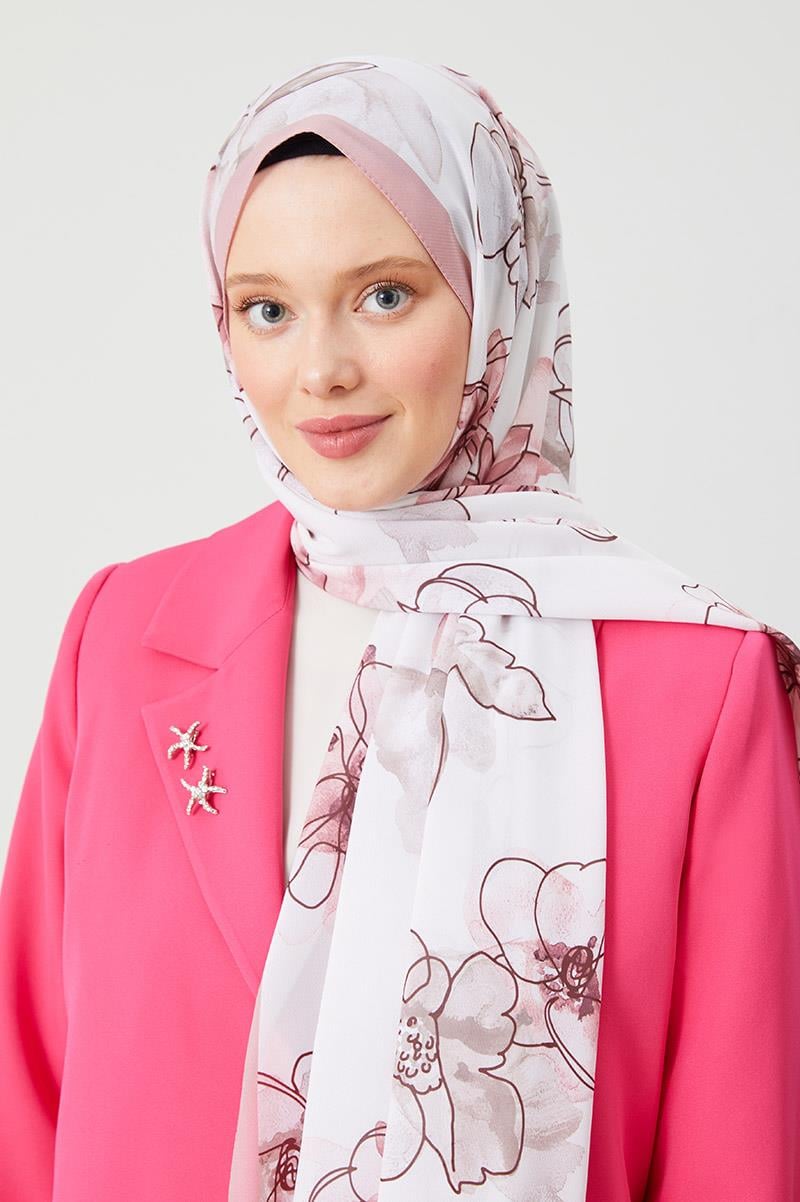 Fivescarf Pudra Gül Desen Violet Medine İpeği Şal
