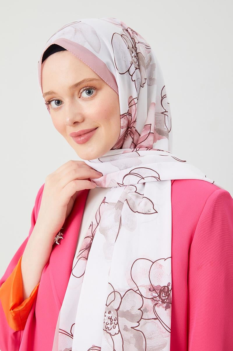 Fivescarf Pudra Gül Desen Violet Medine İpeği Şal