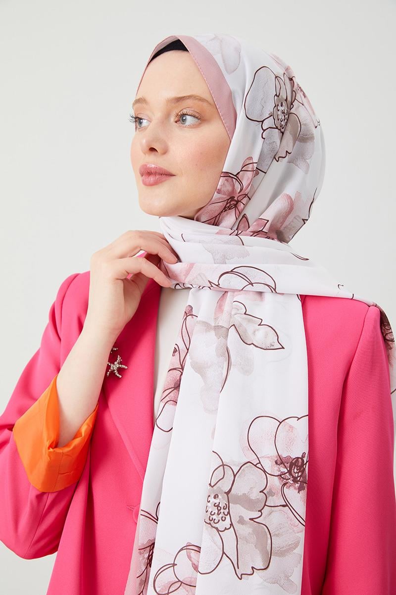 Fivescarf Pudra Gül Desen Violet Medine İpeği Şal