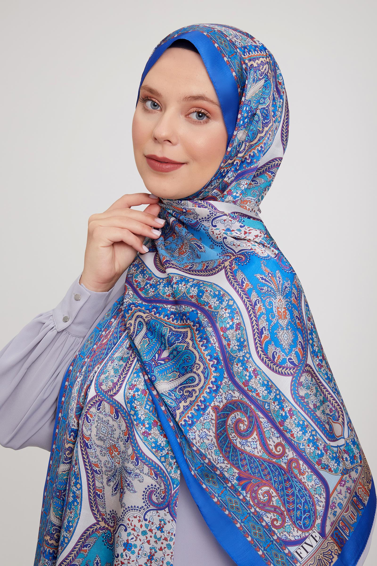Fivescarf Saks Etnik Baskılı Vual İpek Şal