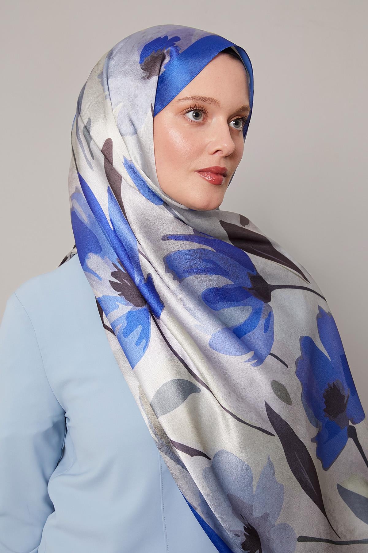 Fivescarf Saks Somut Çiçek Desenli Vual İpek Şal