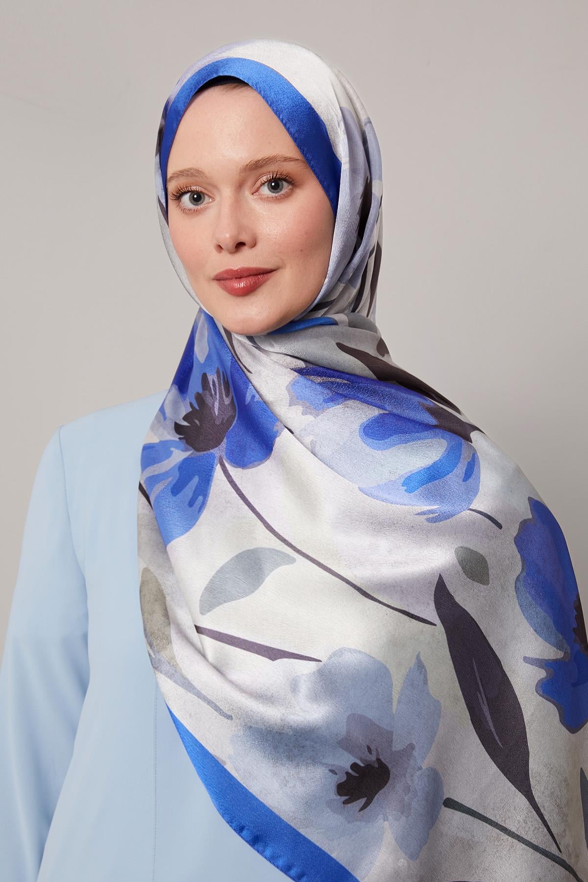 Fivescarf Saks Somut Çiçek Desenli Vual İpek Şal