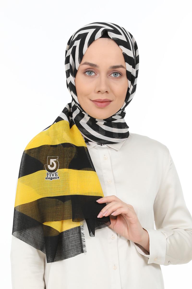 Fivescarf Sarı Desenli Pamuk Şal