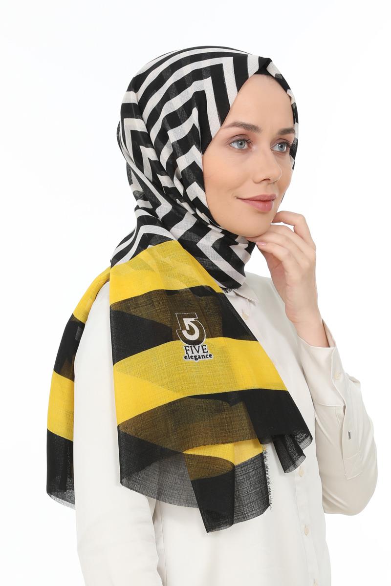 Fivescarf Sarı Desenli Pamuk Şal