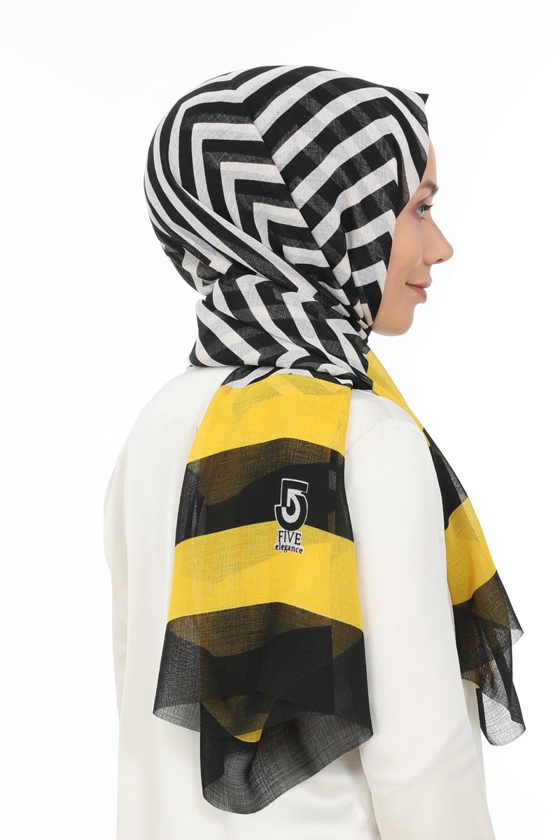 Fivescarf Sarı Desenli Pamuk Şal