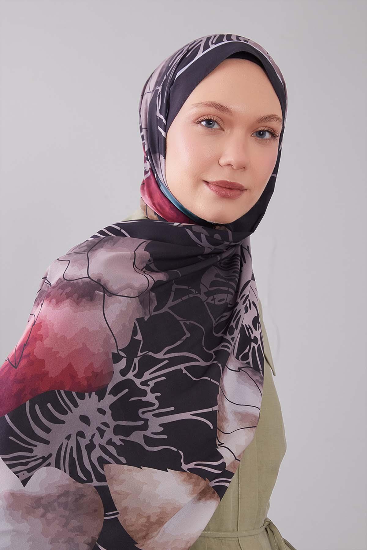 Fivescarf Siyah Akvarel Yaprak Desen Moos Chrep Şal