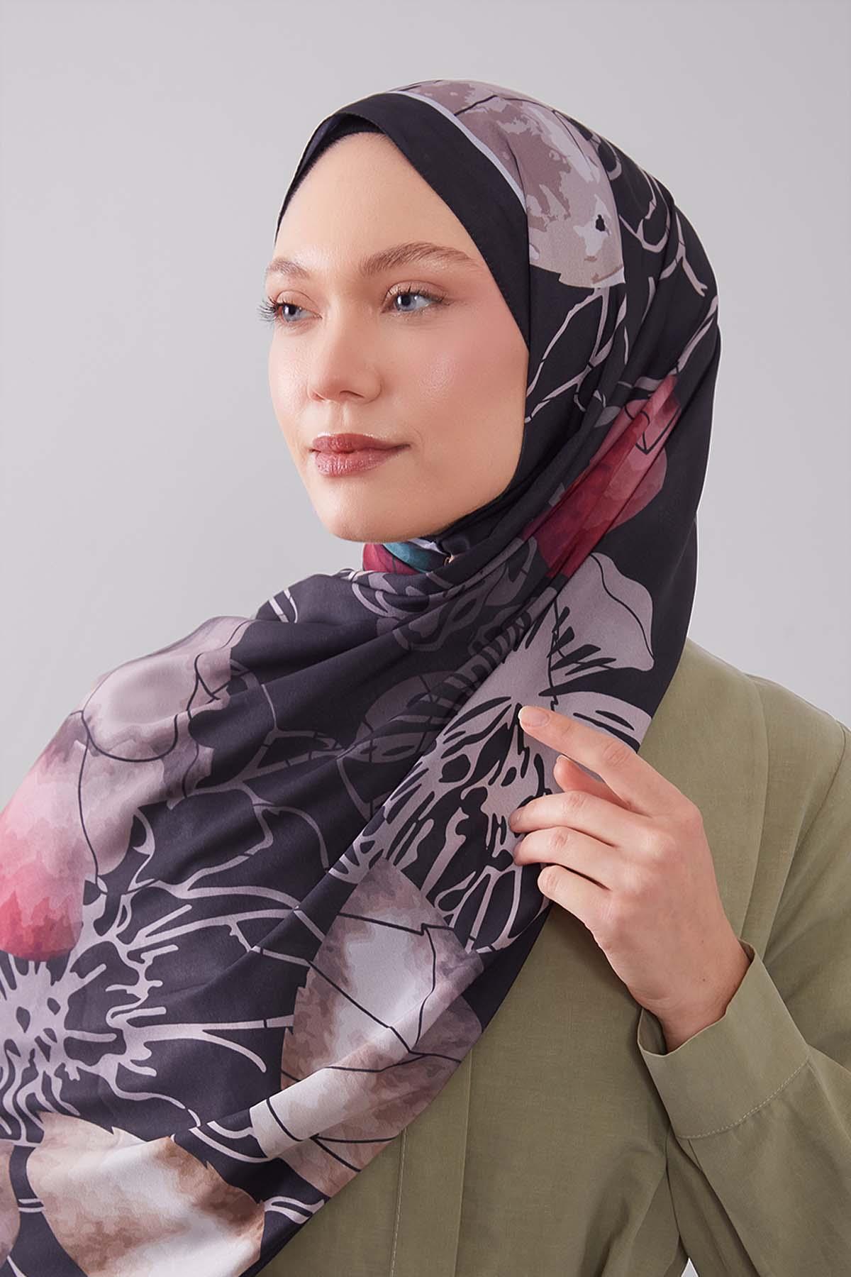 Fivescarf Siyah Akvarel Yaprak Desen Moos Chrep Şal