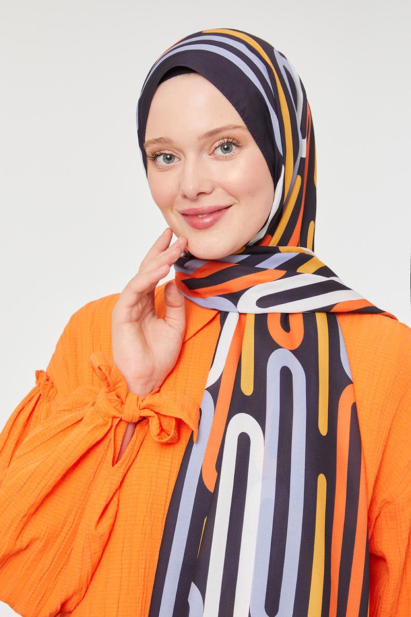 Fivescarf Siyah Ataç Desen Mono Krep Şal