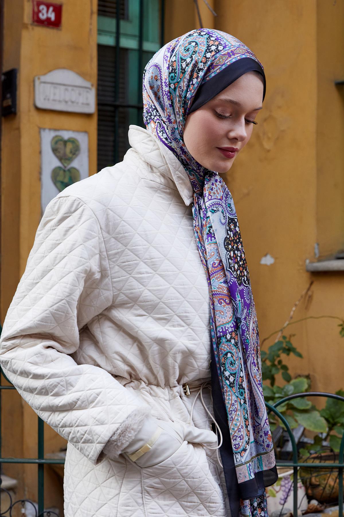 Fivescarf Siyah-Bej Etnik Baskılı Vual İpek Şal