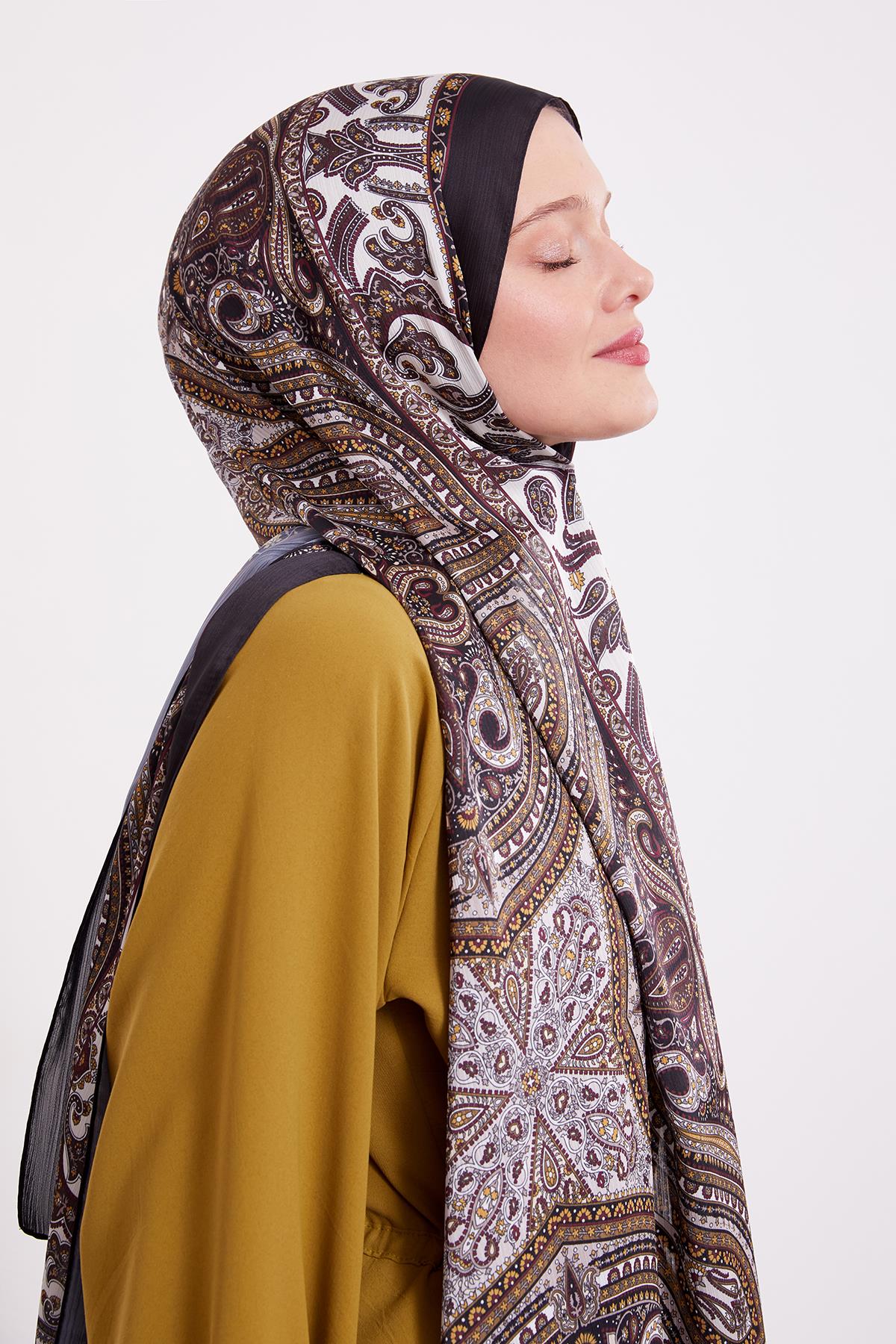 Fivescarf Siyah-Bej Etnik Desen Brand Şal