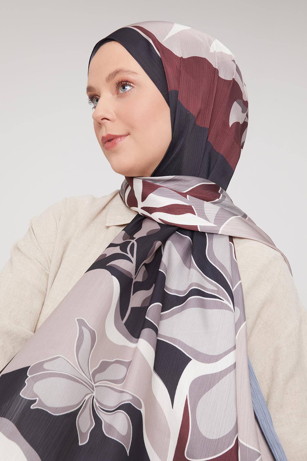 Fivescarf SİYAH-BORDO Soyut Çiçek Desen Brand Şal