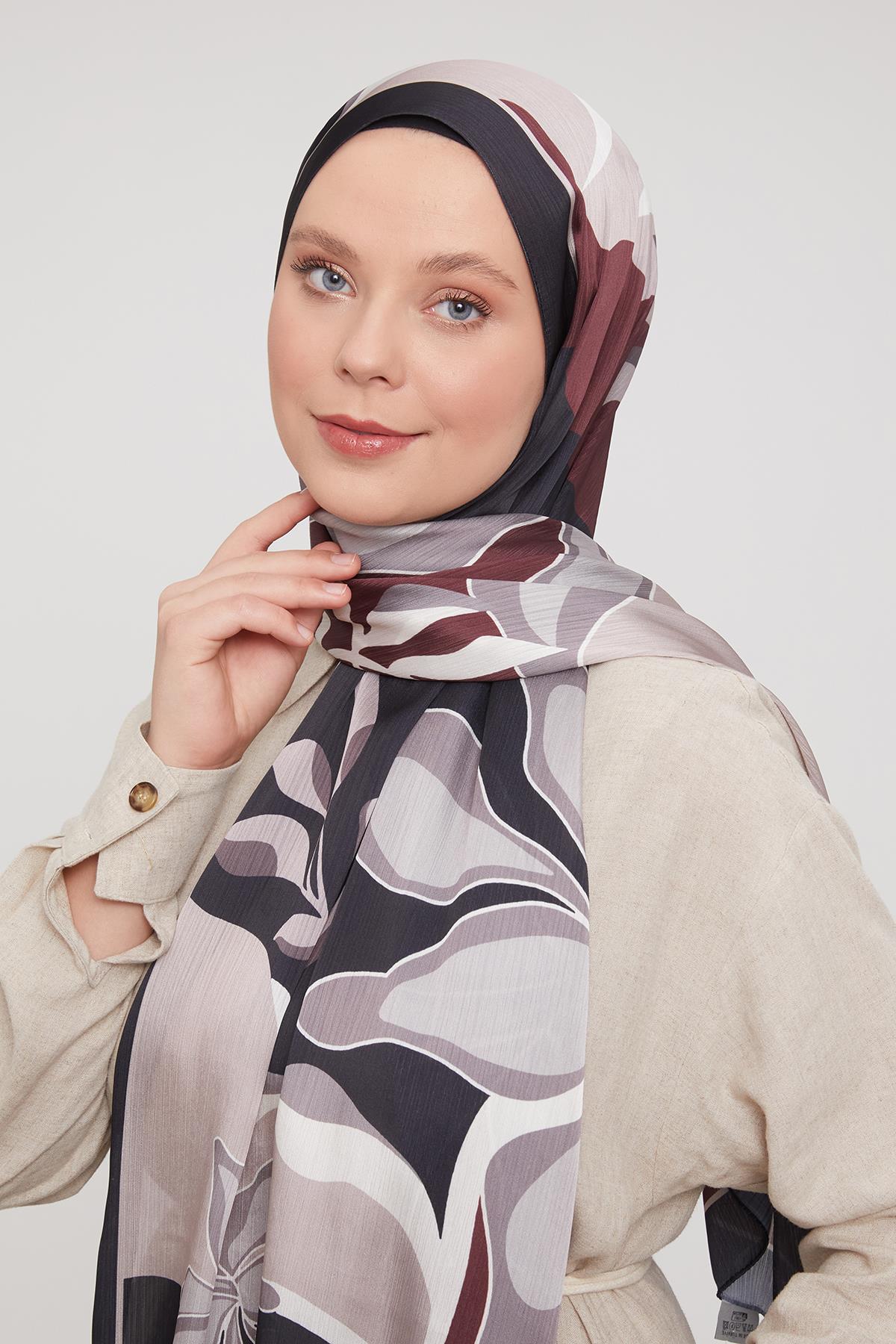 Fivescarf SİYAH-BORDO Soyut Çiçek Desen Brand Şal