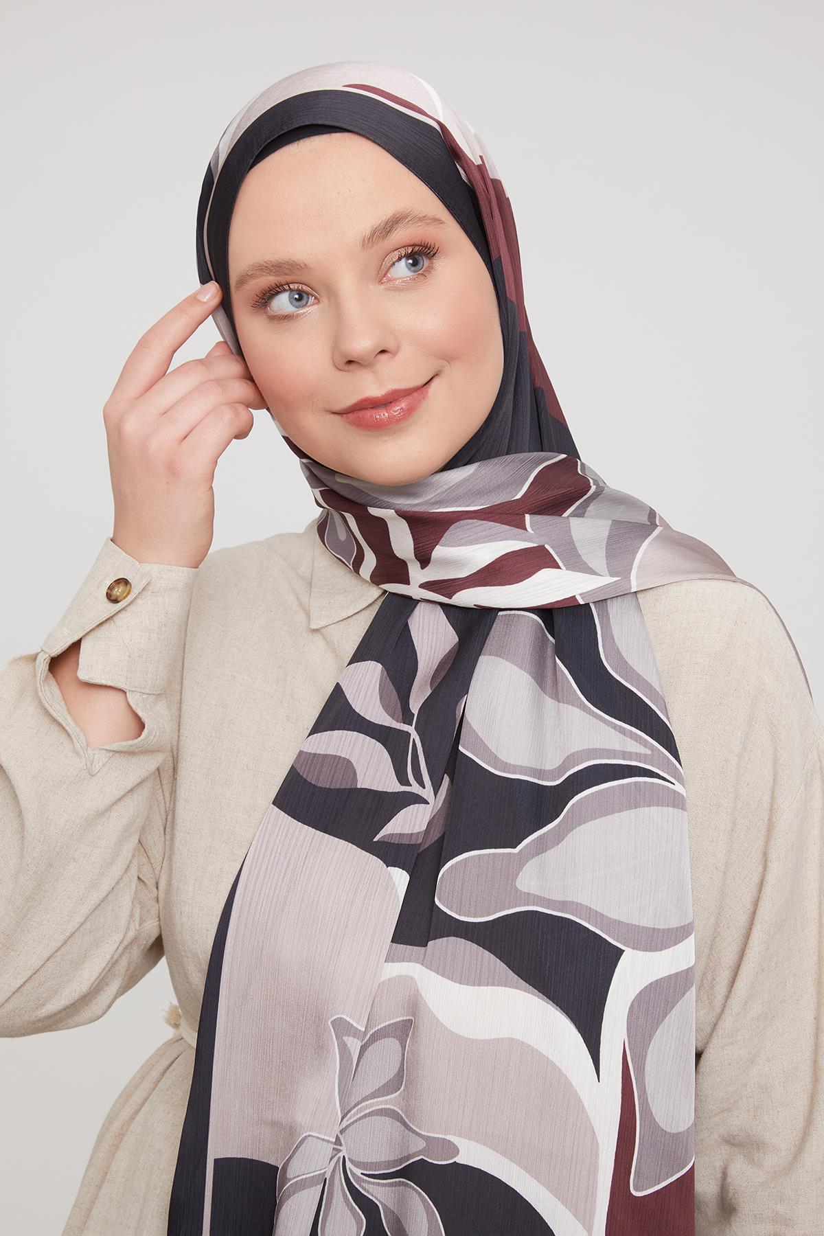 Fivescarf SİYAH-BORDO Soyut Çiçek Desen Brand Şal