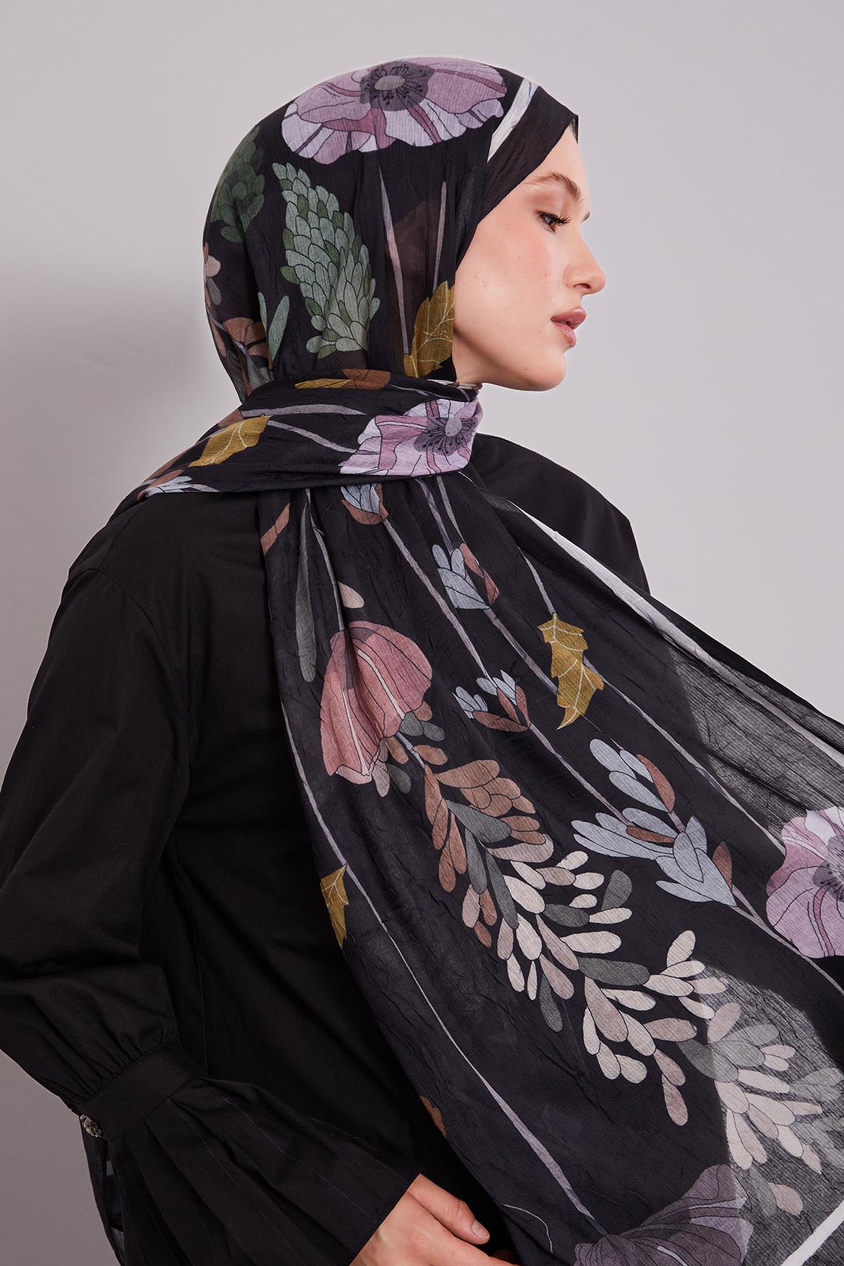 Fivescarf Siyah Büyük Çiçek Desenli Craze Comfort Şal