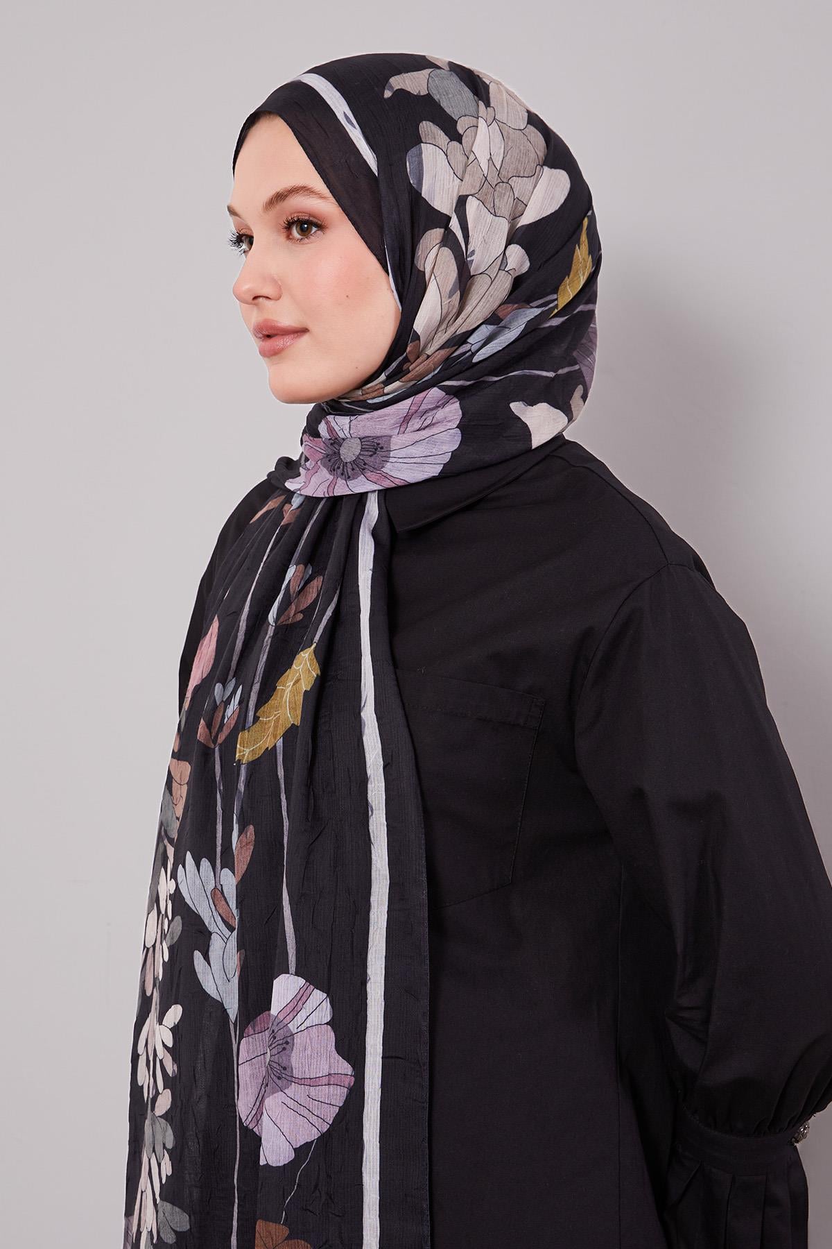 Fivescarf Siyah Büyük Çiçek Desenli Craze Comfort Şal