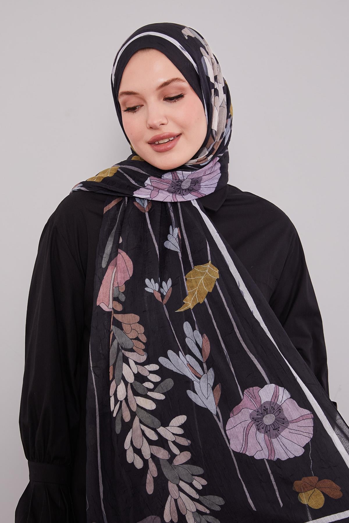 Fivescarf Siyah Büyük Çiçek Desenli Craze Comfort Şal