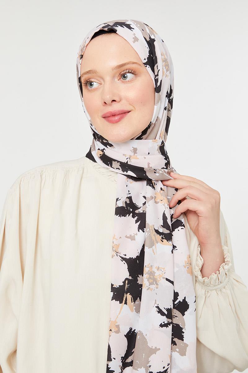 Fivescarf Siyah Büyük Çiçek Desenli Mono Şal
