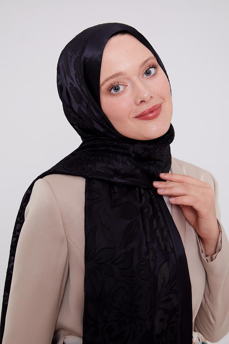 Fivescarf Siyah Çiçek Desen Deluxe Devore Şal