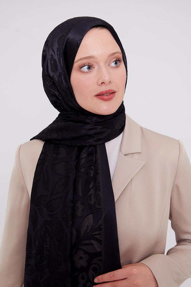 Fivescarf Siyah Çiçek Desen Deluxe Devore Şal
