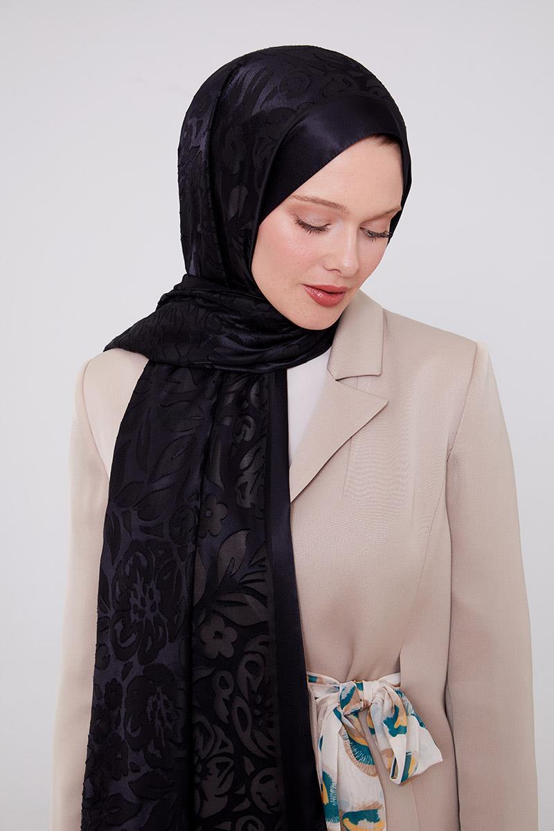 Fivescarf Siyah Çiçek Desen Deluxe Devore Şal