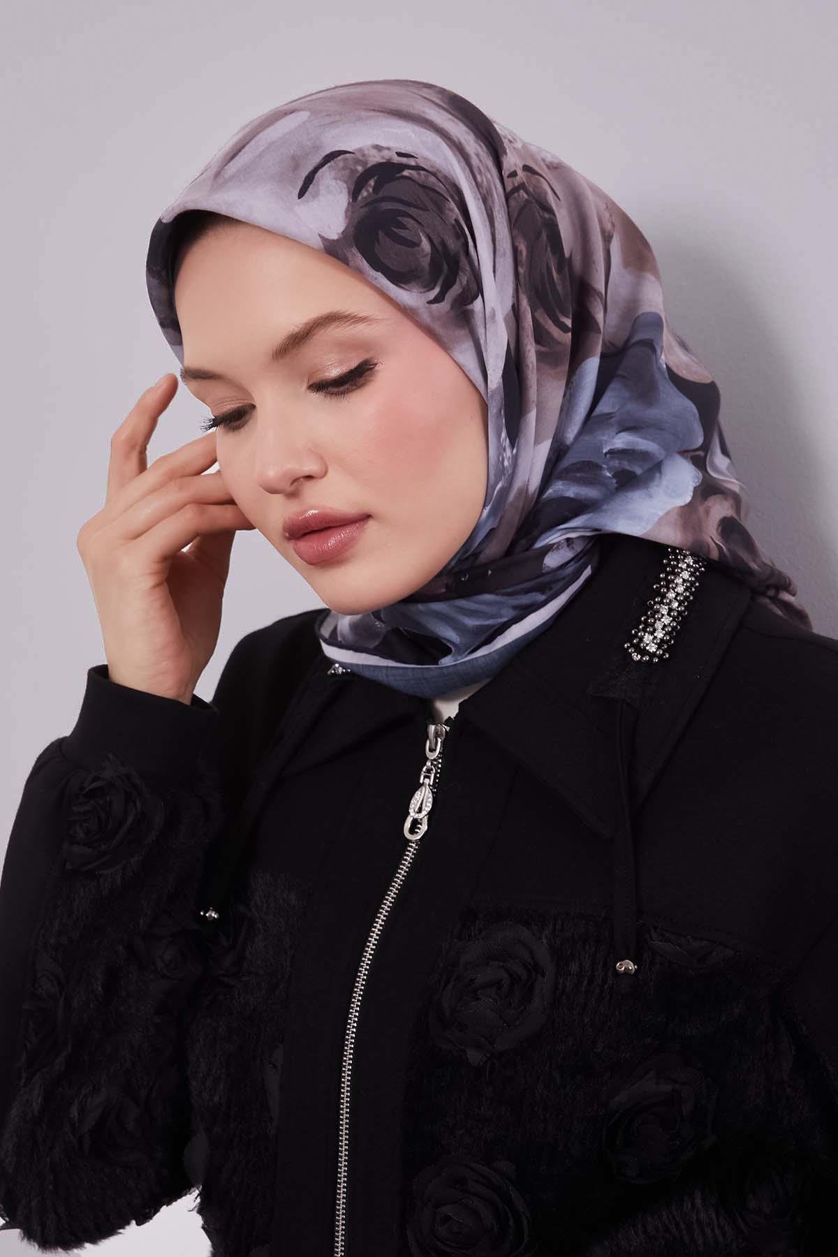 Fivescarf Siyah Çiçek Desen Slik Coton Eşarp