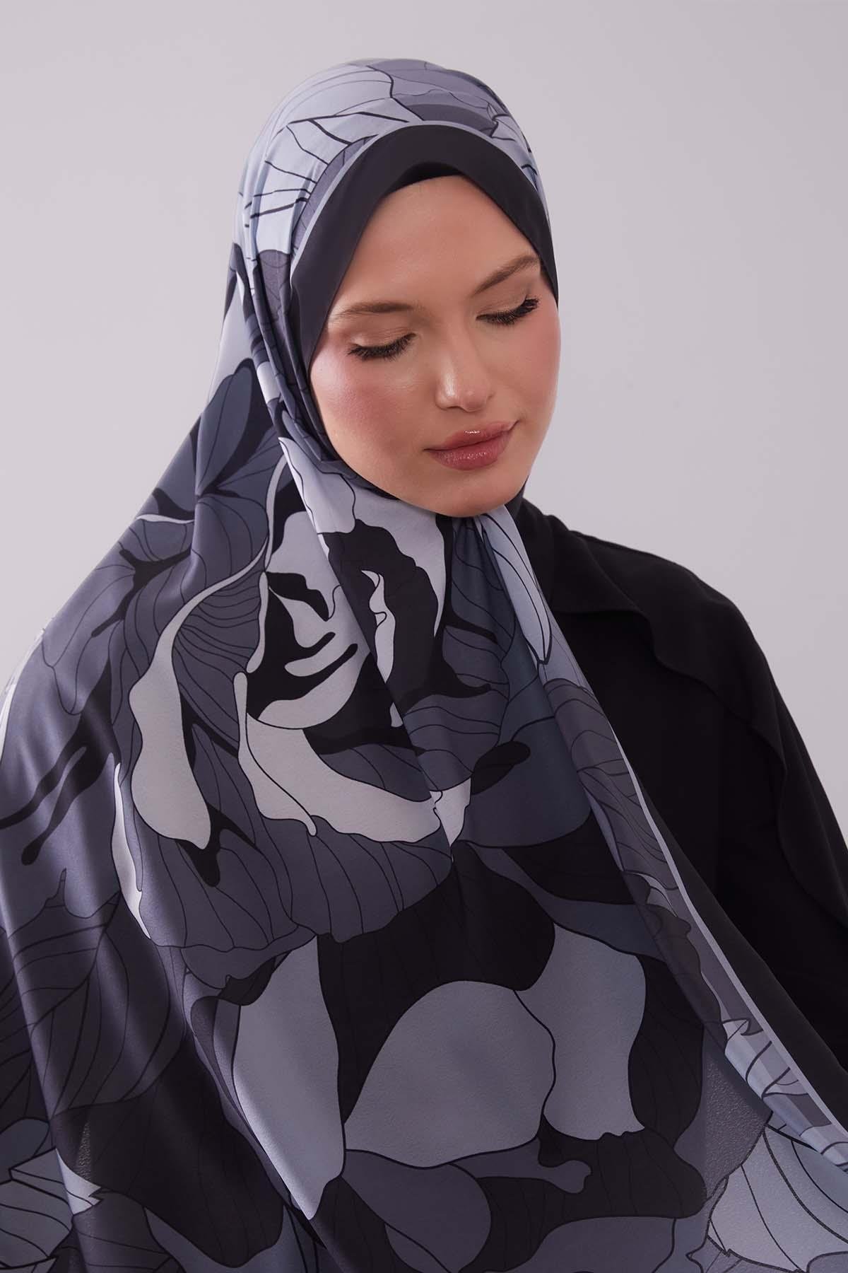 Fivescarf Siyah Çiçekli Floral Desen Moos Chrep Şal