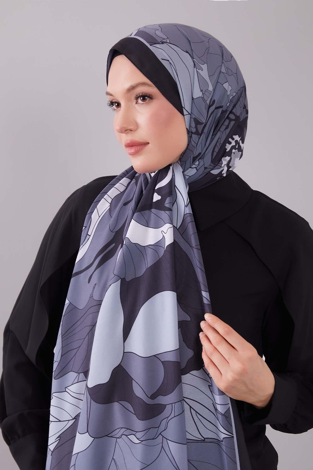 Fivescarf Siyah Çiçekli Floral Desen Moos Chrep Şal