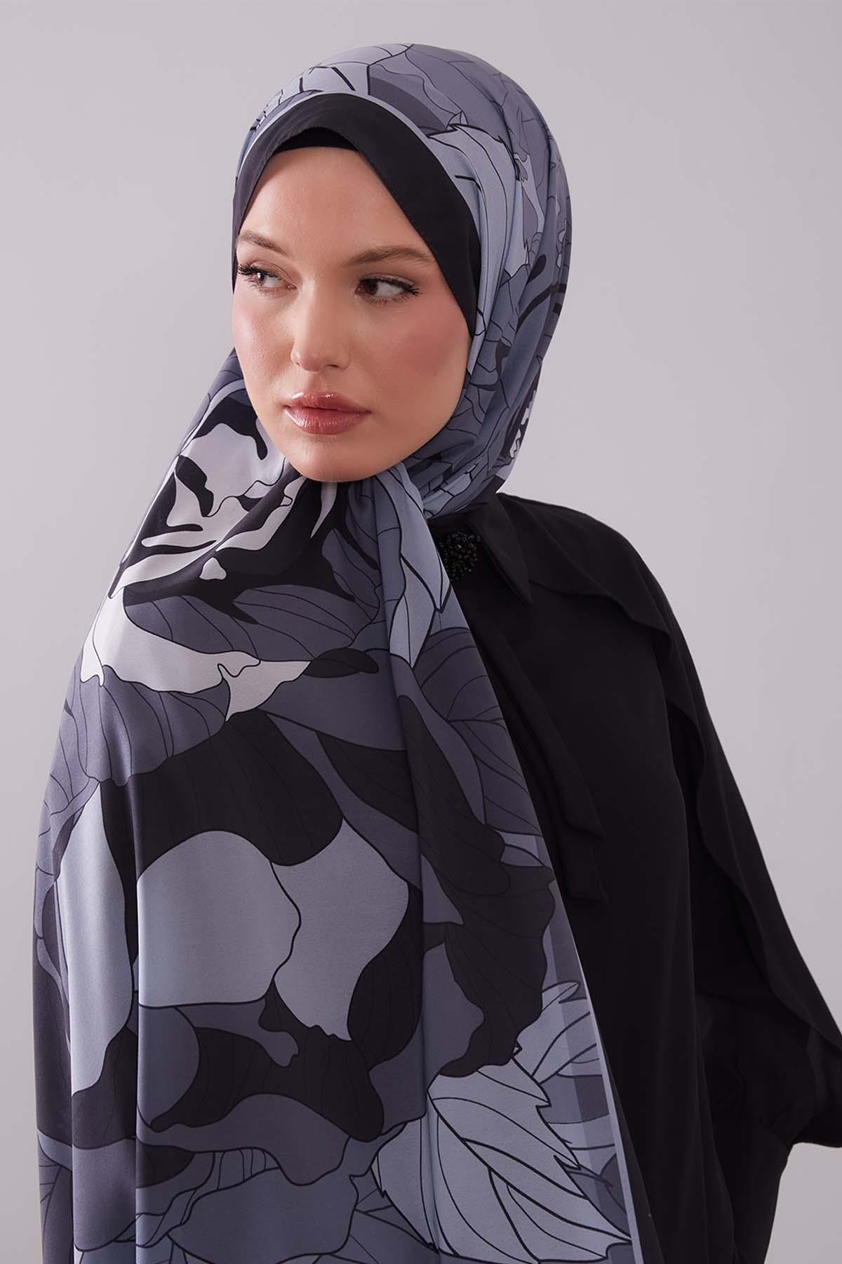 Fivescarf Siyah Çiçekli Floral Desen Moos Chrep Şal