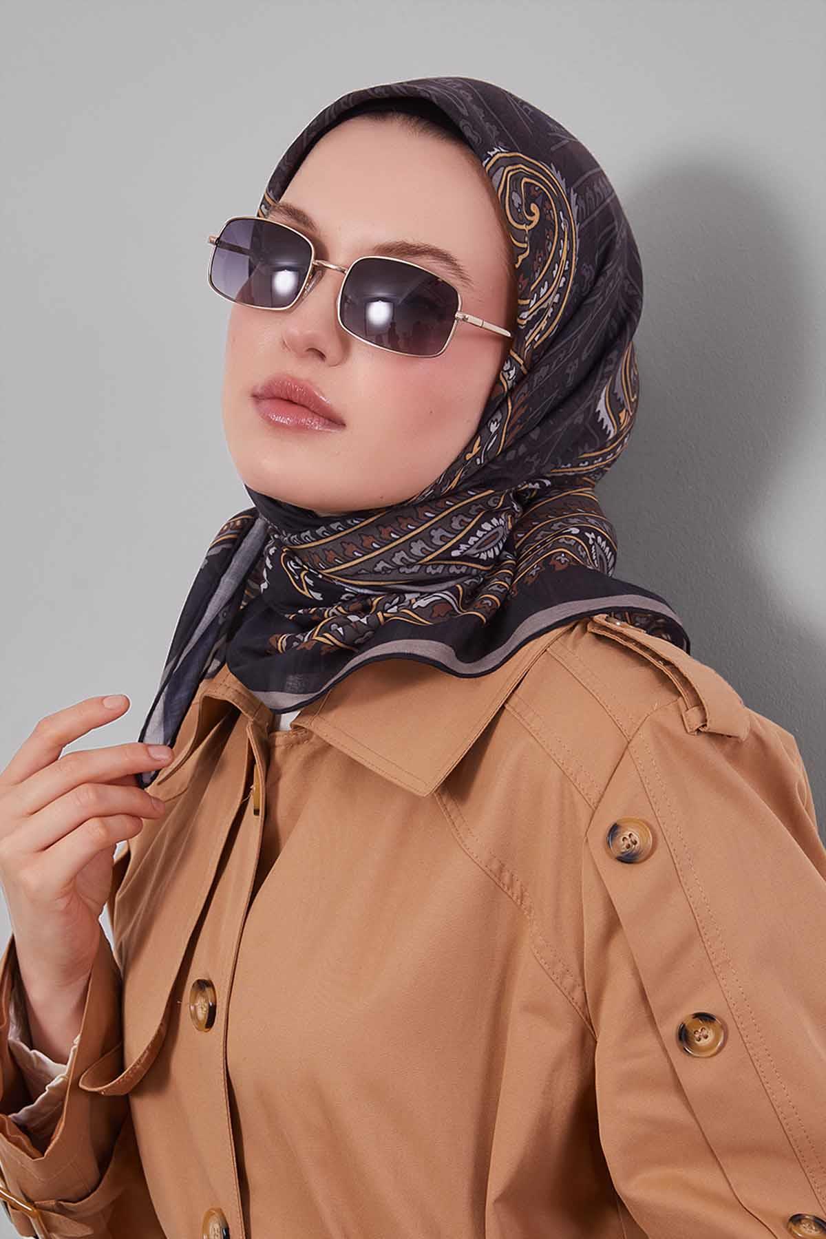 Fivescarf Siyah Ebruli Desen Silk Coton Eşarp