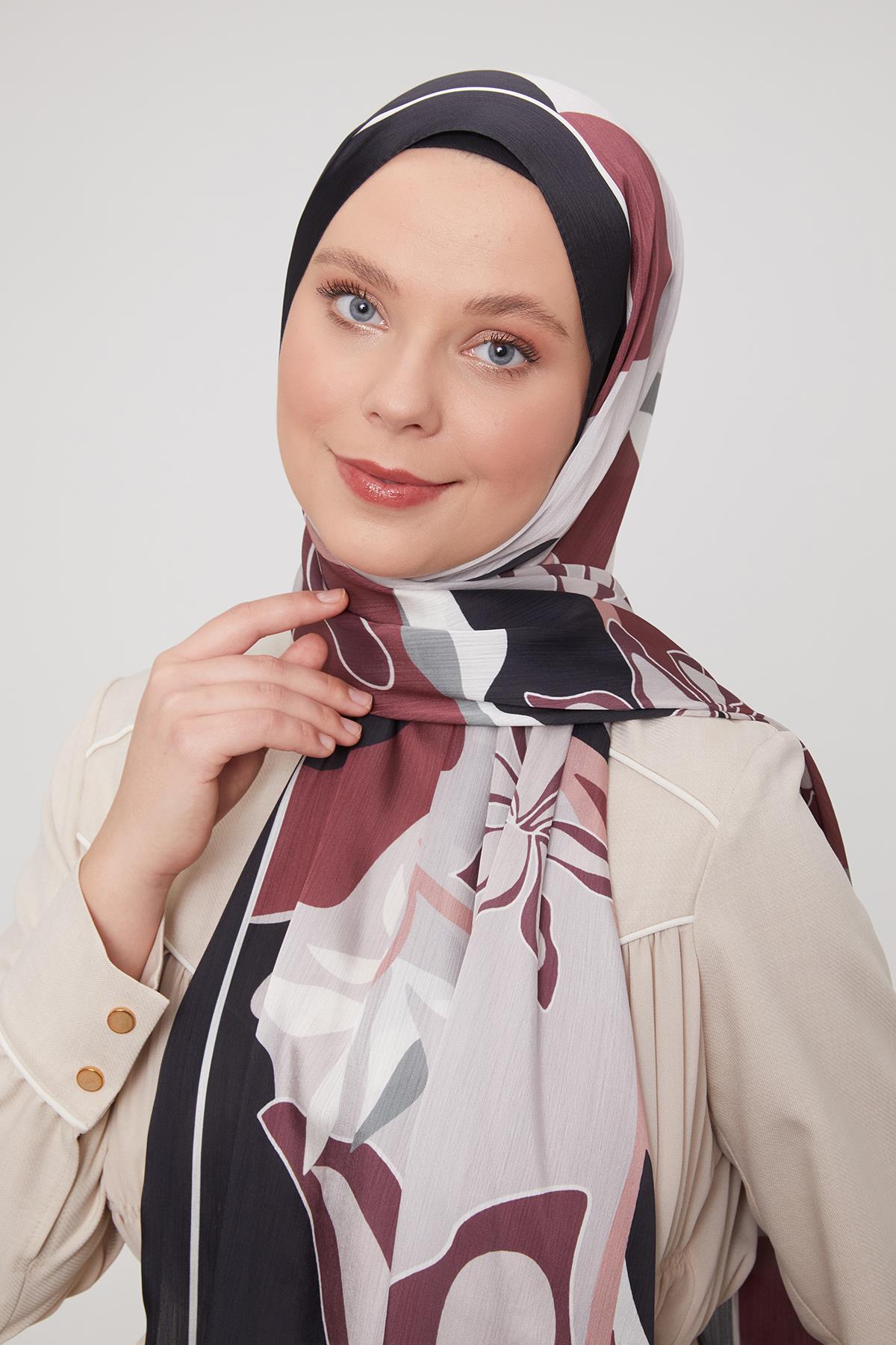 Fivescarf Siyah-Ekru Soyut Çiçek Desen Brand Şal