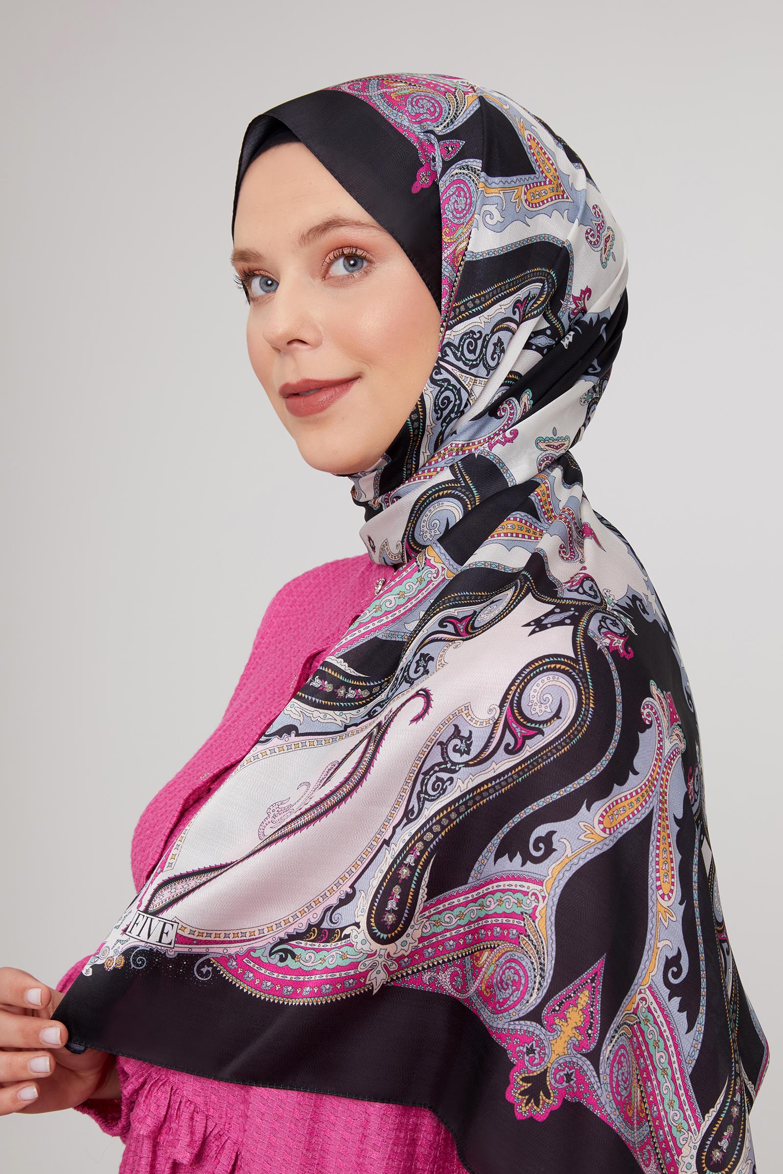 Fivescarf Siyah Etnik Çini Desen Vual İpek Şal