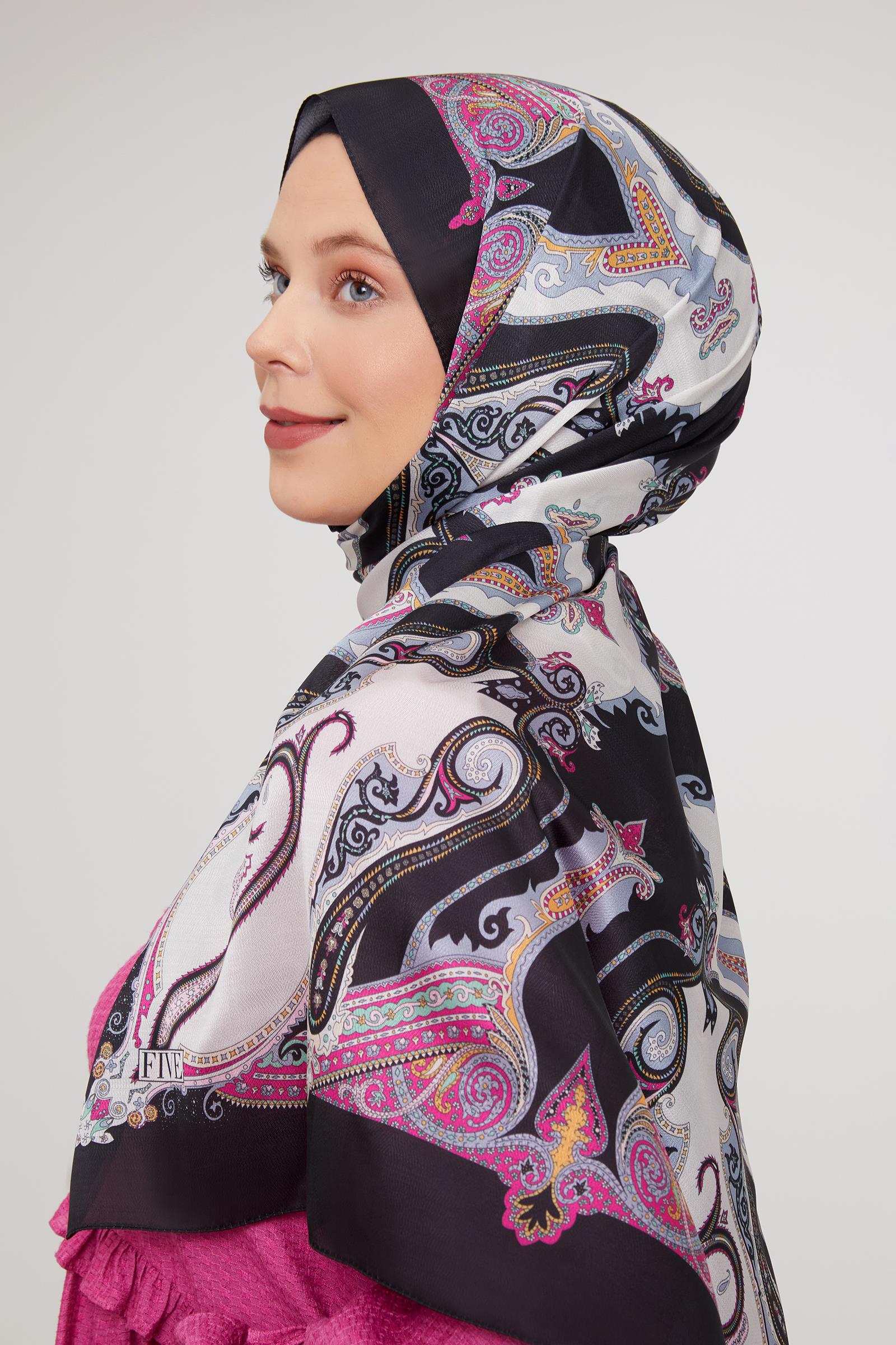 Fivescarf Siyah Etnik Çini Desen Vual İpek Şal