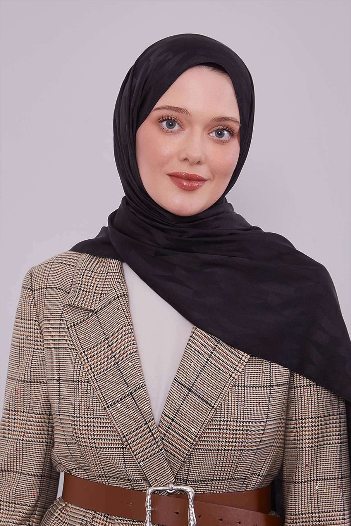 Fivescarf Siyah Geometrik Desen Jakar Şal