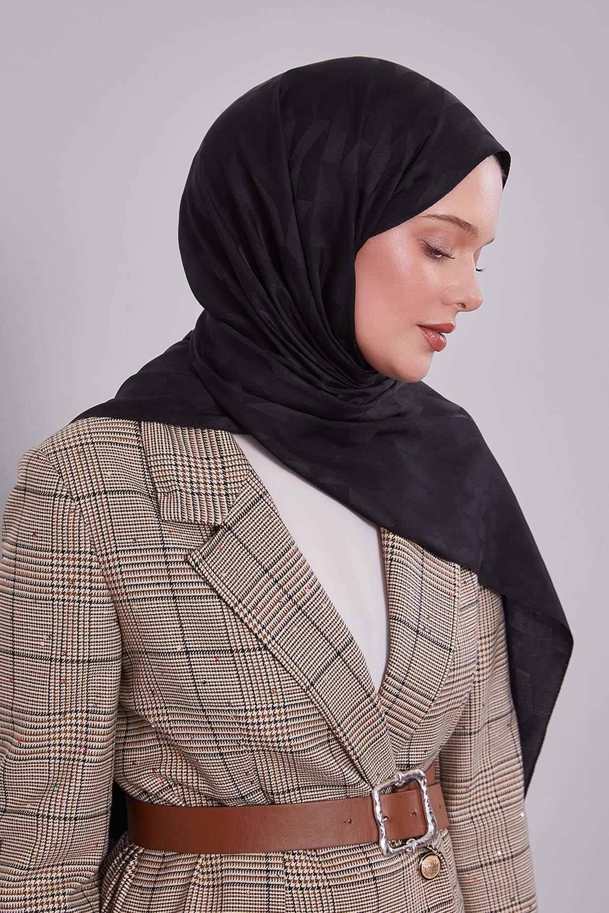 Fivescarf Siyah Geometrik Desen Jakar Şal