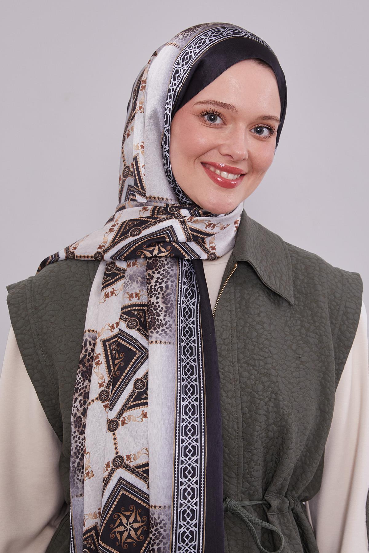 Fivescarf Siyah Geometrik Desen Vual İpek Şal
