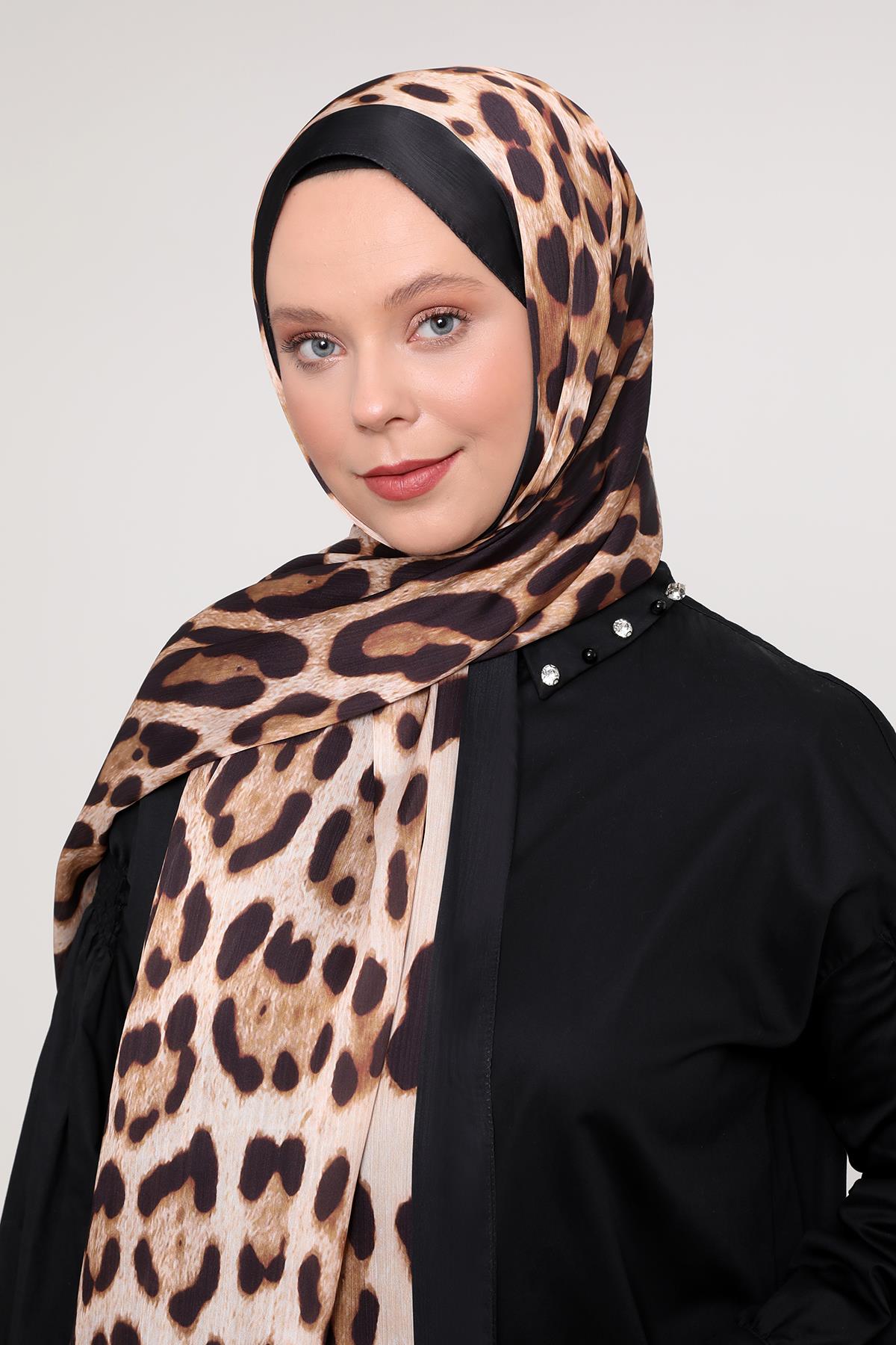 Fivescarf Siyah-Gold Leopar Desen Brand Şal