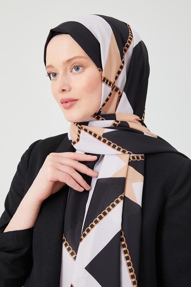 Fivescarf Siyah Halka Desen Violet Medine İpeği Şal